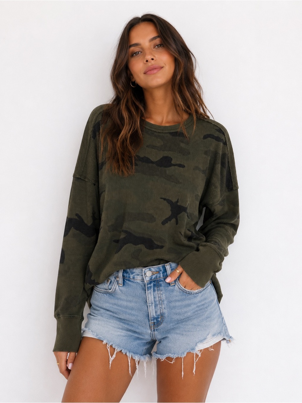TNA Aritzia Camo Waffle Knit Long Sleeve Top Olive Green Size Small